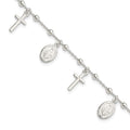 Sterling Silver Polished w/1in ext Cross Miraculous Medal Bracelet, 7.25 x 3 mm