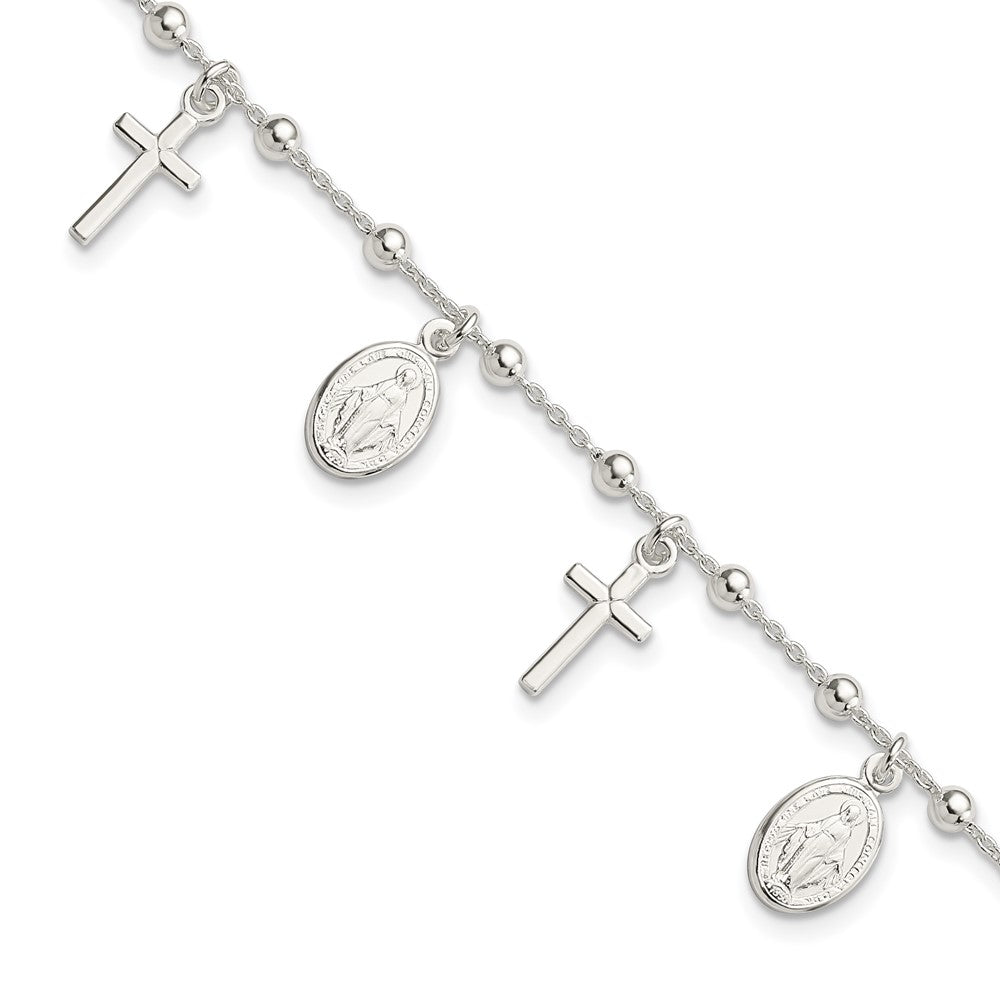 Sterling Silver Polished w/1in ext Cross Miraculous Medal Bracelet, 7.25 x 3 mm