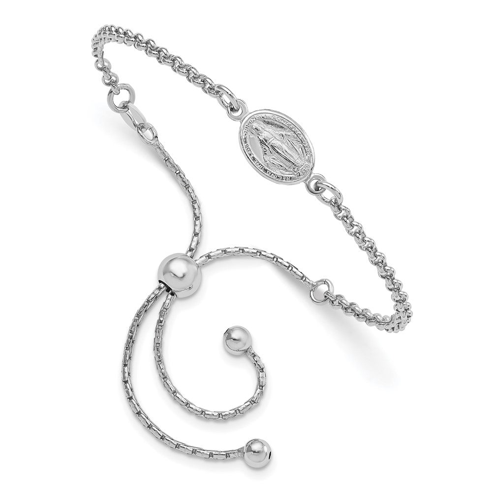 Sterling Silver Rhodium-Plate Miraculous Medal Adjustable 4-9in Bracelet, 2.74 mm