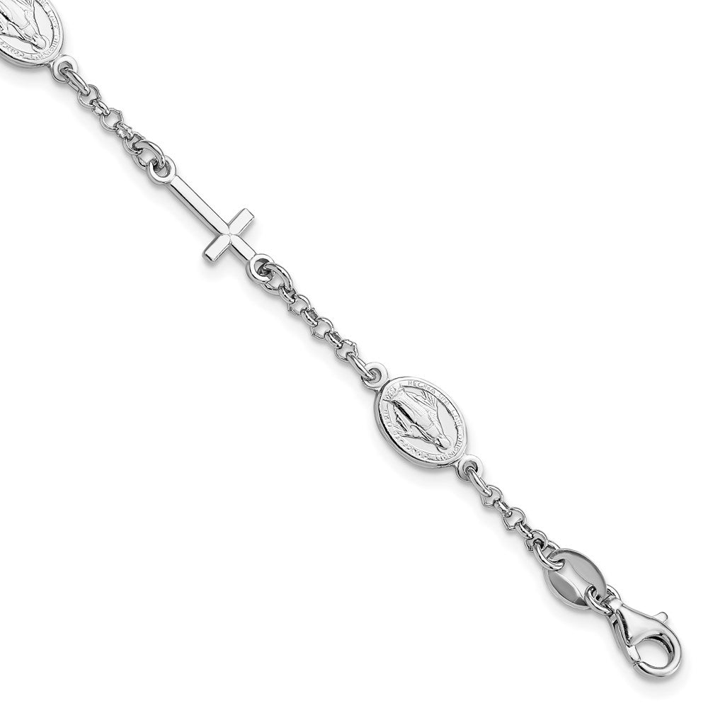 Sterling Silver RH-Plate Cross Miraculous Medal 6in w/1in ext Bracelet, 7.5 x 2 mm
