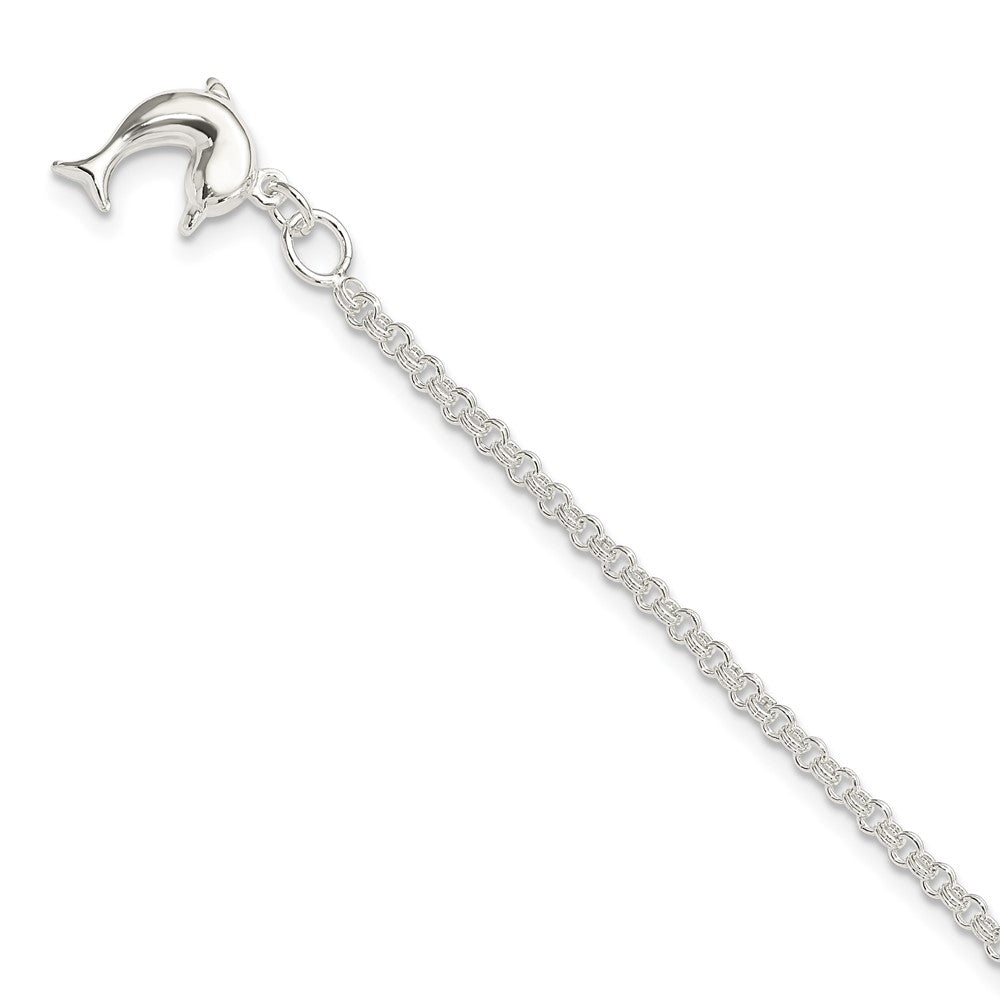 Sterling Silver 10inch Hollow Polished 3-D Dolphin Anklet, 10 x 13 mm