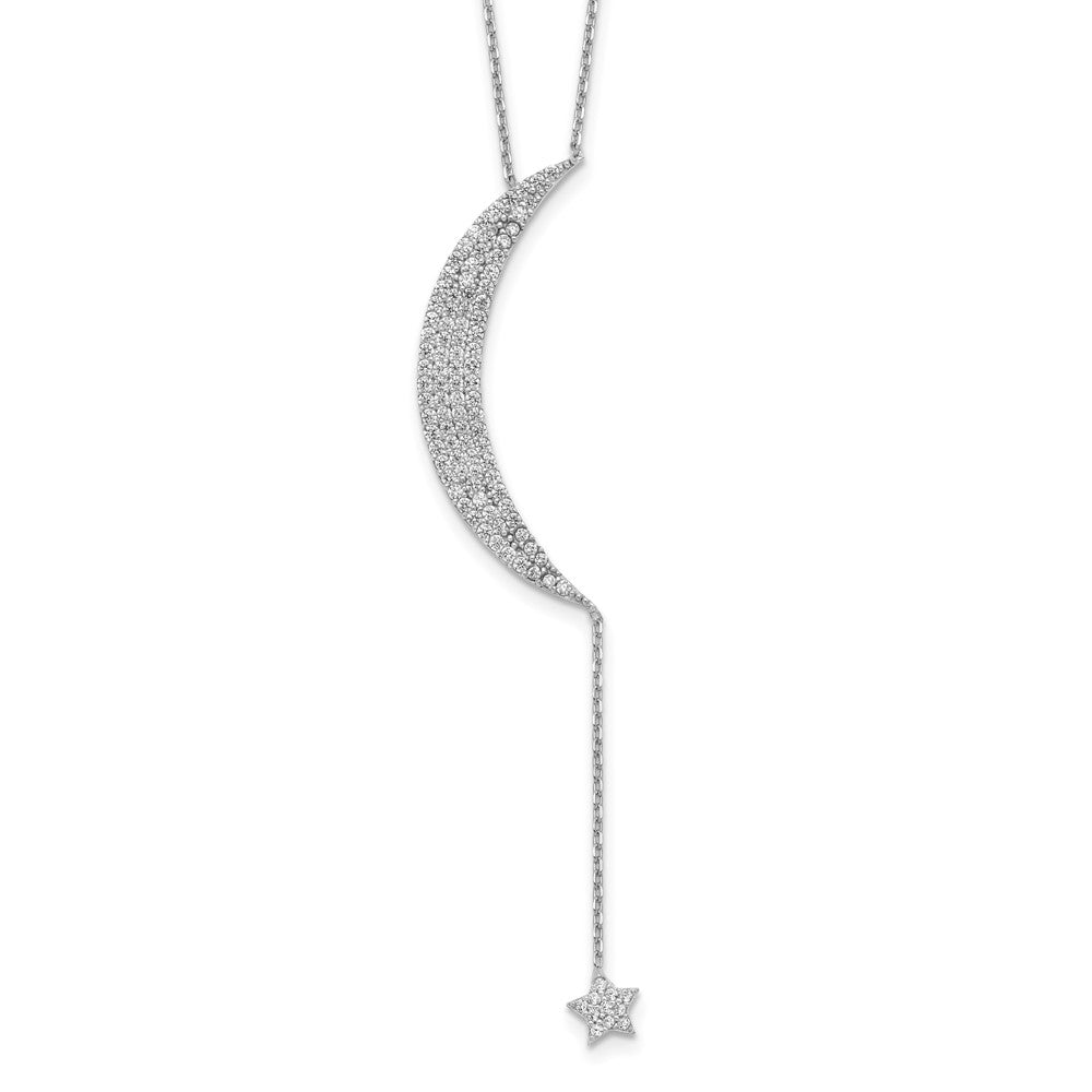 Sterling Silver Rhod-plated CZ Moon and Star w/2in ext. Necklace, 18 x 0.86 mm