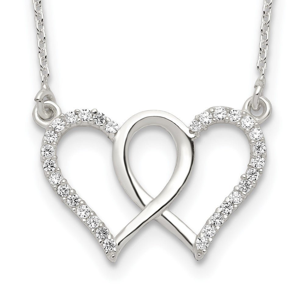 Sterling Silver Polished Interconnected CZ Double Hearts 18 inch Necklace, 18 x 21.5 mm