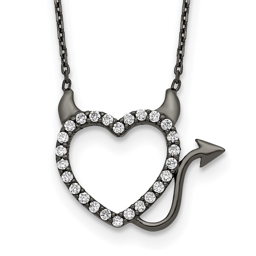 Sterling Silver Black Ruthenium Plated Devil Heart CZ 16 inch Necklace, 16 x 0.98 mm