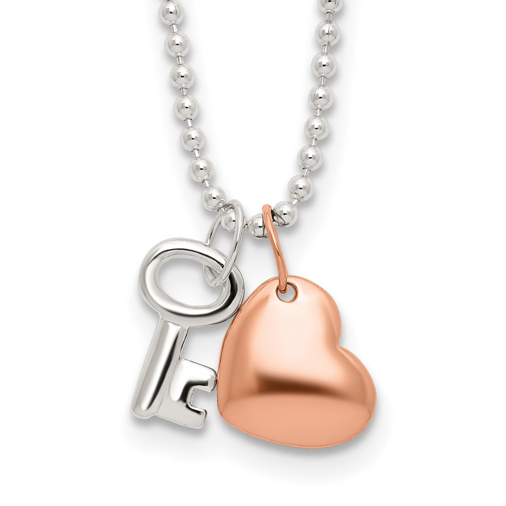 Sterling Silver Rose-tone Heart and Key 19 inch Necklace, 19 x 9.03 mm