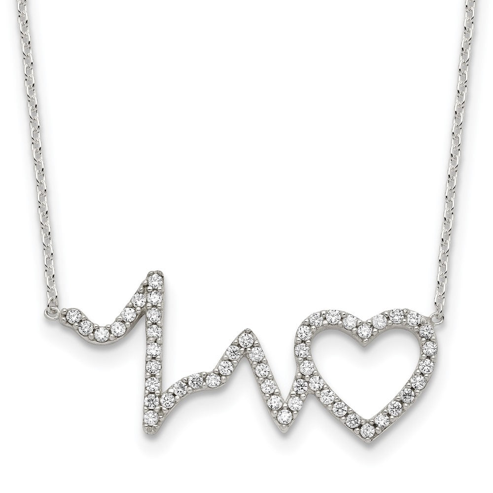 Sterling Silver Polished CZ Heartbeat 18in Necklace, 18 x 1.25 mm