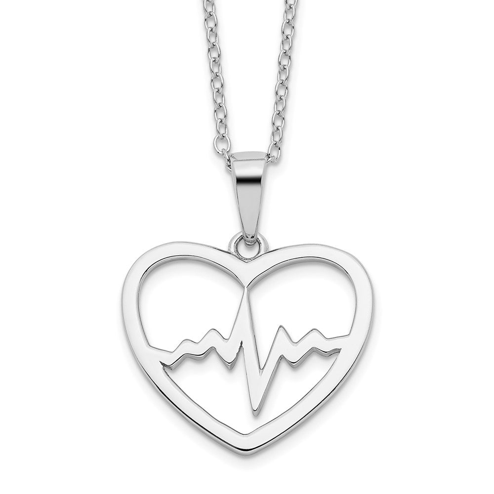 Sterling Silver Rhodium-plated Heartbeat in Heart 16in w/2in Ext Necklace, 18 x 17.67 mm