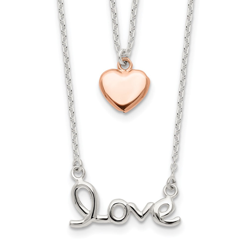 Sterling Silver Rose-tone LOVE and Heart 18in Necklace, 18 x 21.5 mm
