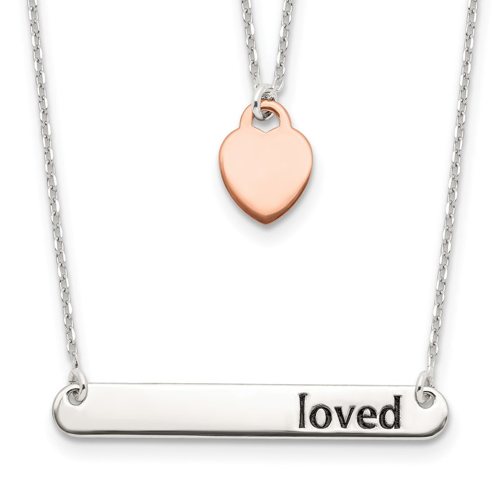 Sterling Silver Rose-tone Heart Enameled LOVED 16in Bar Necklace, 16 x 35.5 mm