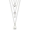 Sterling Silver Lock, Heart and Key Multi-Strand 16in Necklace, 16 x 8.5 mm