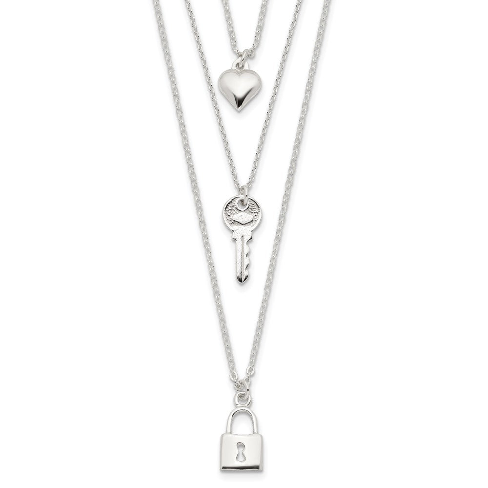 Sterling Silver Lock, Heart and Key Multi-Strand 16in Necklace, 16 x 8.5 mm