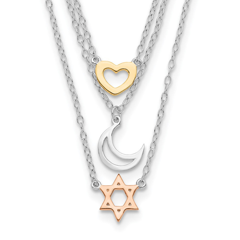 Sterling Silver RH-pltd Gold and Rose-tone Sun Moon Star Necklace, 16 x 9 mm