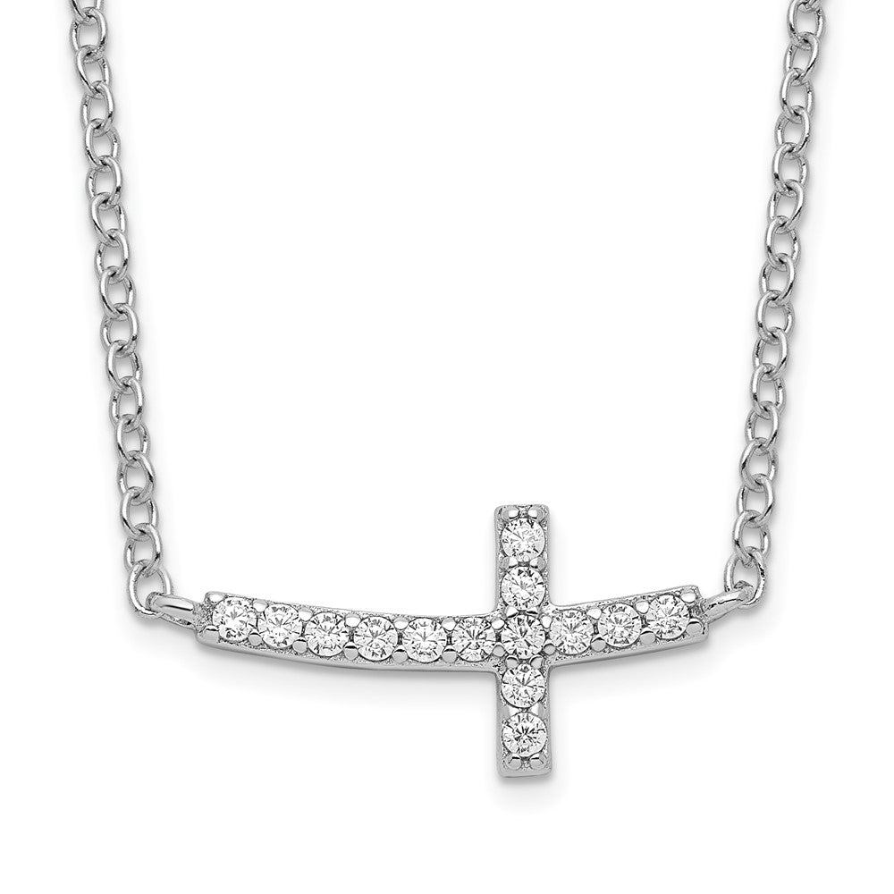 Sterling Silver Rhodium-plated CZ Sideways Cross 16 inch Necklace with 2 inch extension, 16 x 15.7 mm