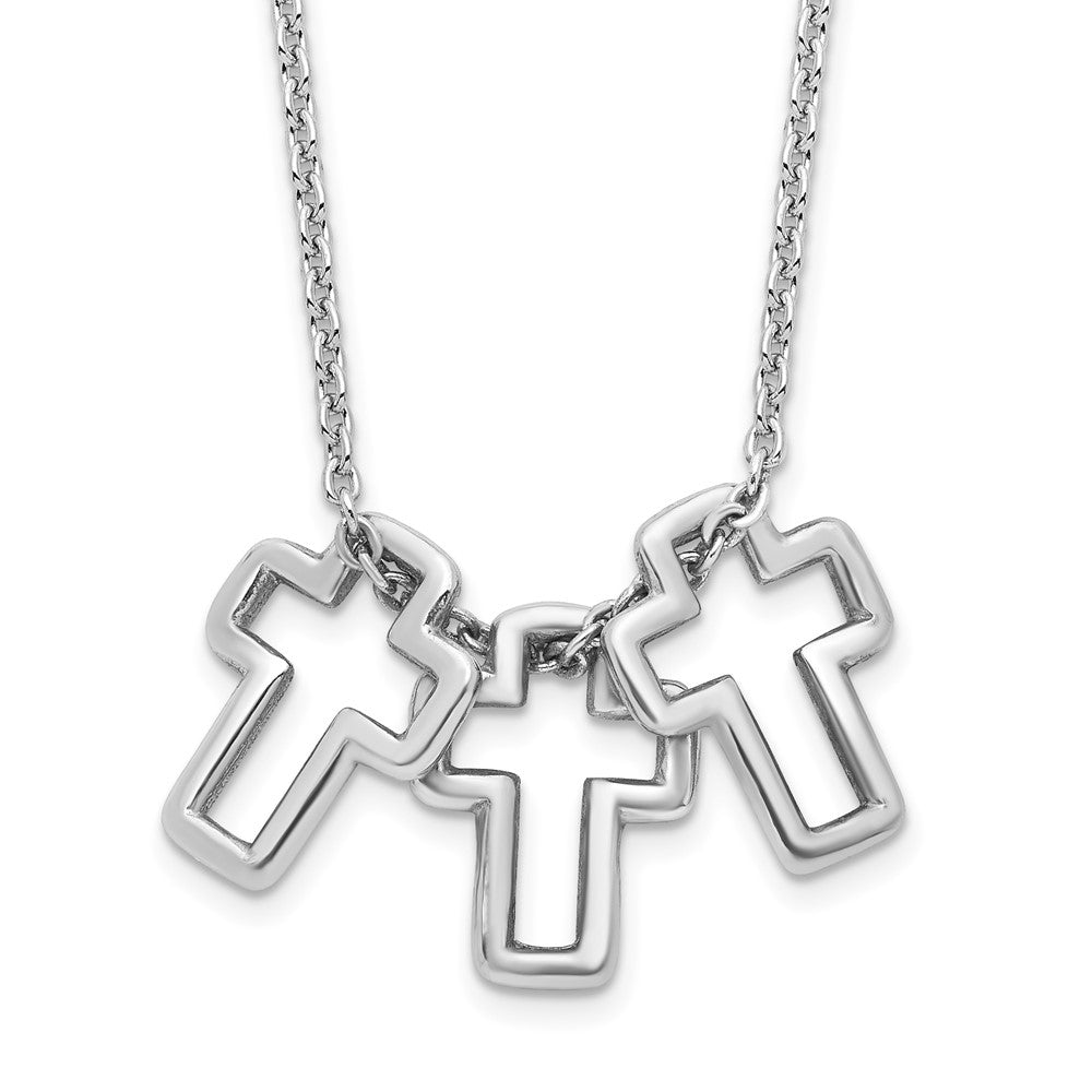 Sterling Silver Rhodium-plated 18in 3-Cross Necklace, 18 mm