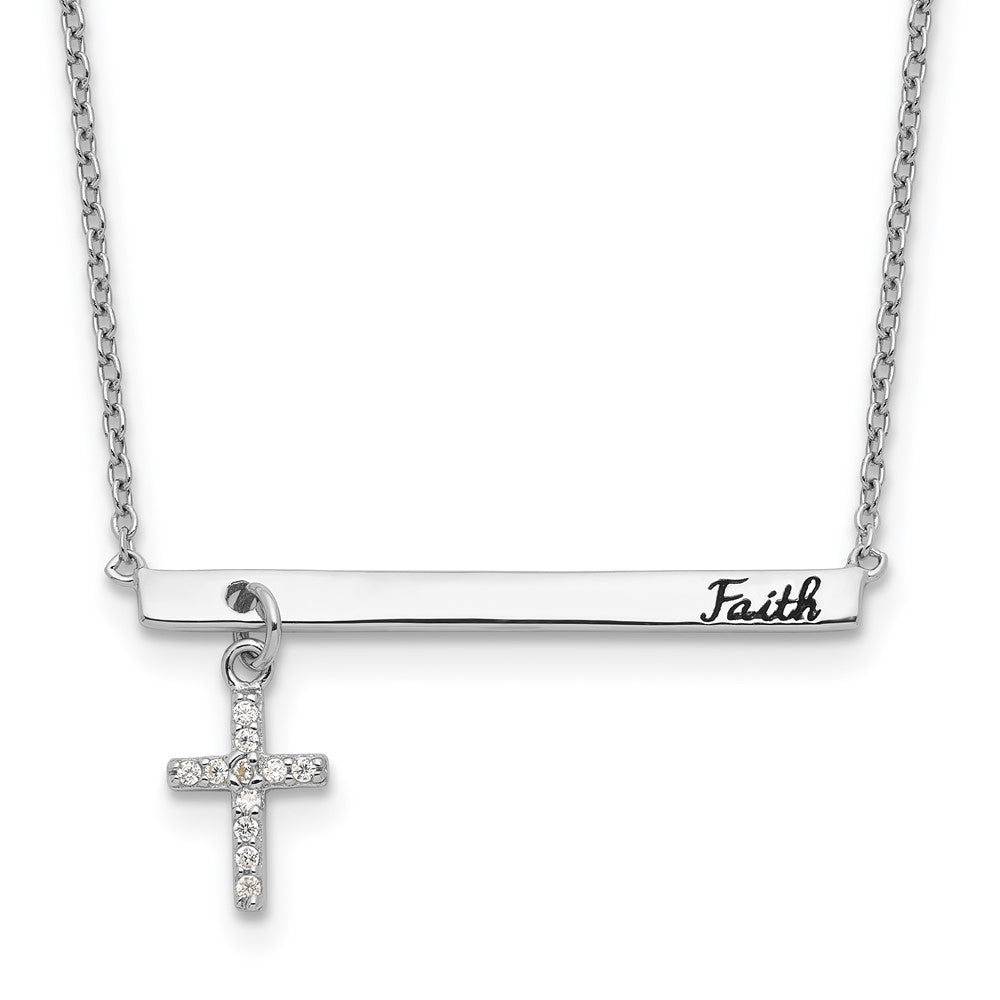 Sterling Silver RH-plated CZ Cross Black Enamel FAITH 16in w/2in ext. Bar Necklace, 16 mm