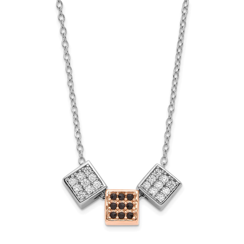 Sterling Silver Rhodium & Rose-tone w/ Black Onyx & CZ Cube Necklace, 16.5 mm
