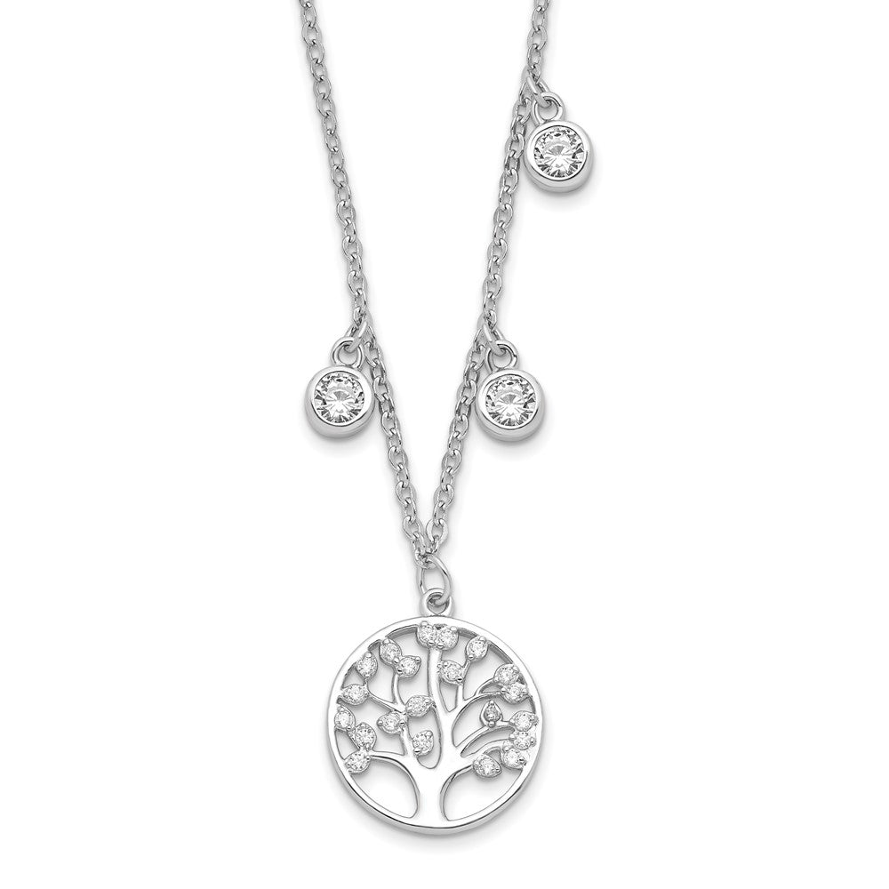 Sterling Silver Rhodium-plated CZ with Tree with 1in ext. Necklace, 17.5 mm