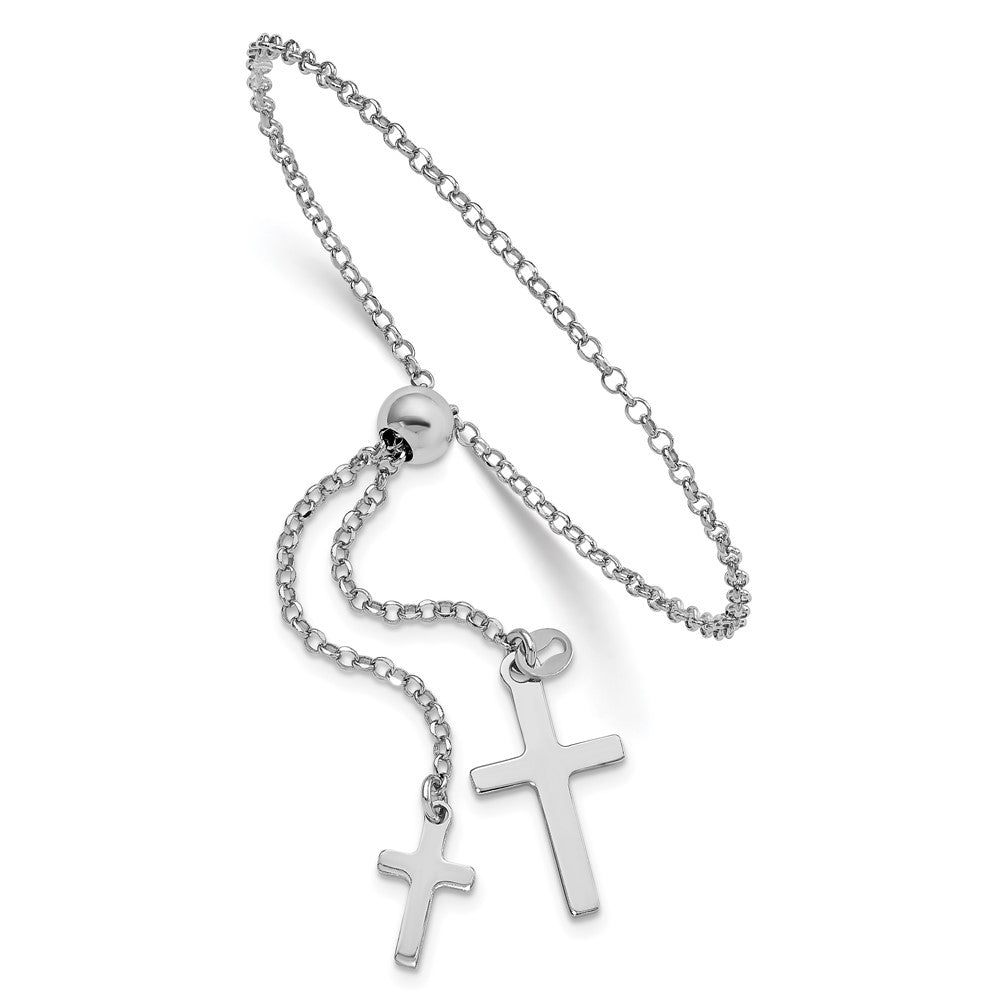 Sterling Silver Rhodium-plated Cross Adjustable 5in to 8.75in Bracelet, 9 x 2 mm