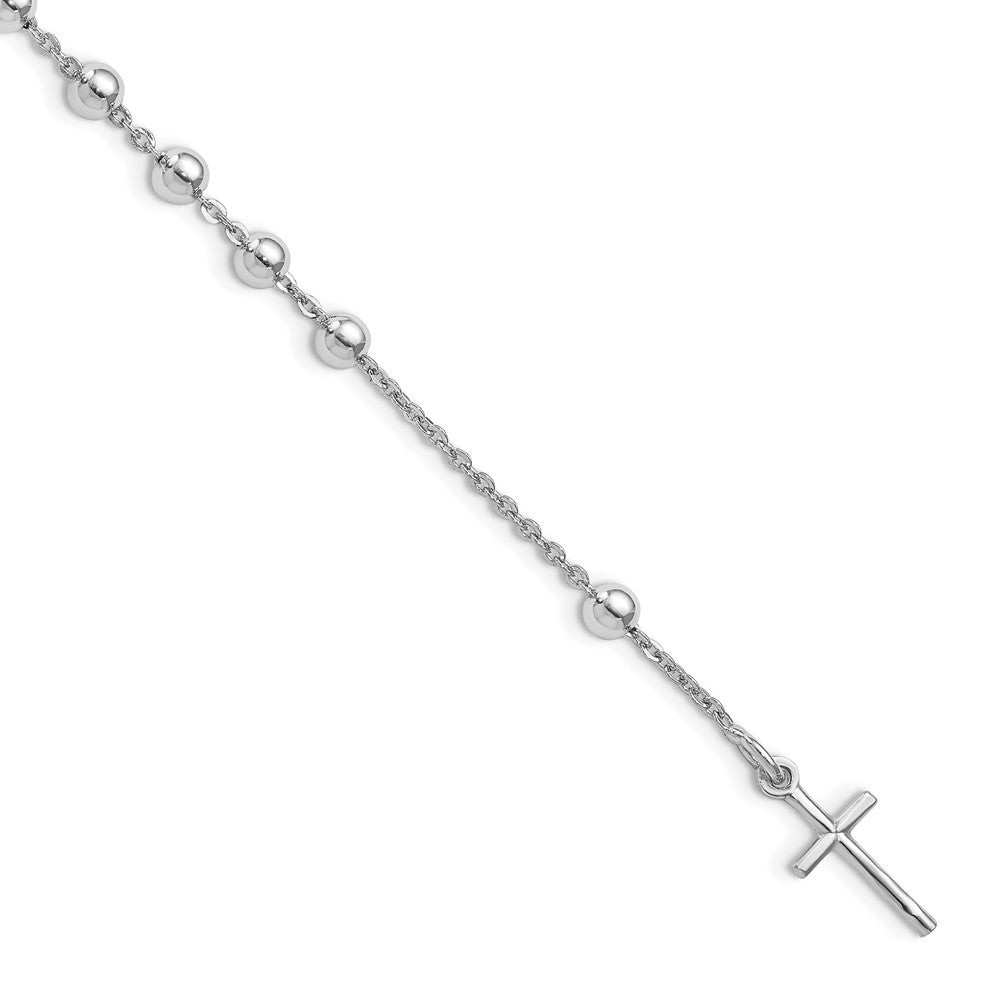 Sterling Silver Rhodium Plated Polished Beaded Cross Bracelet, 7 x 1 mm