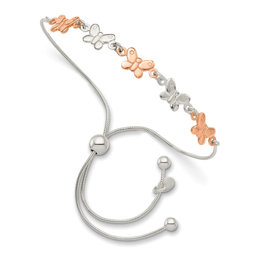Sterling Silver w/Rose-tone Butterfly Adjustable Bracelet, 7 mm