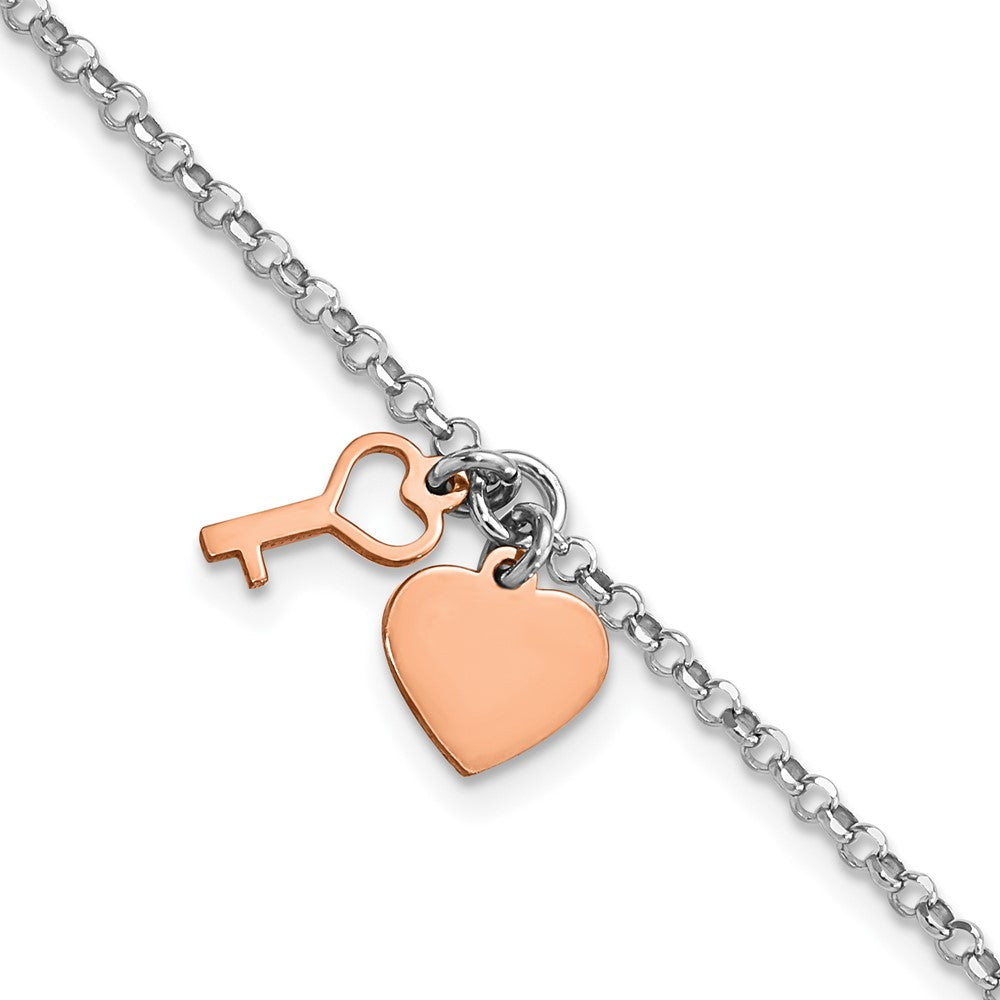 Sterling Silver Rhodium Rose-tone Heart & Key w/1.5in ext. Bracelet, 8 mm