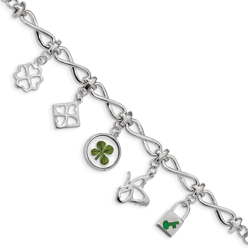 Sterling Silver Plat. Plated Clover Epoxy Enamel w/1.5 ext. Bracelet, 6 x 6.1 mm