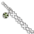 Sterling Silver Plat. Plated Clover Epoxy & Shell CZ .5 ext. Bracelet, 6.5 x 10.55 mm