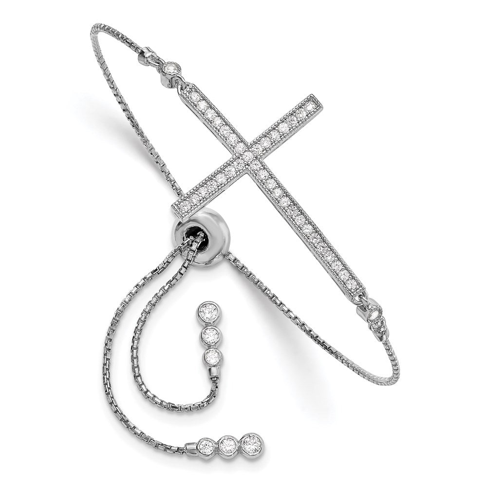 Sterling Silver Rhodium-plated CZ Polished Adjustable Cross Bracelet, 8.75 x 22 mm