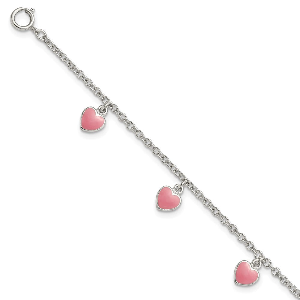 Sterling Silver Rhod-pltd Childs Enamel Hearts 5.5in w/.5in ext Bracelet, 6 x 10 mm