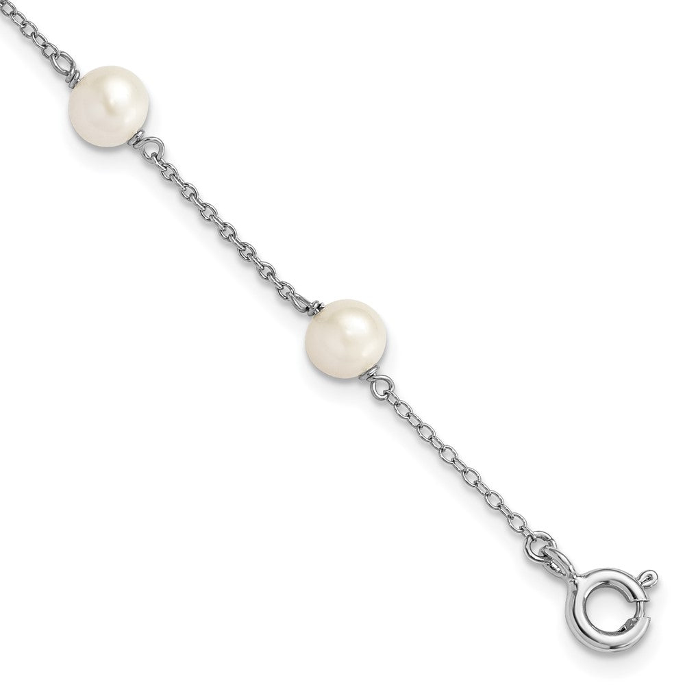 Sterling Silver Rhodium-plated 5-5.5mm White Semi-Round Freshwater Cultured Pearl 3-Station Children's 4 inch Bracelet, 4 mm