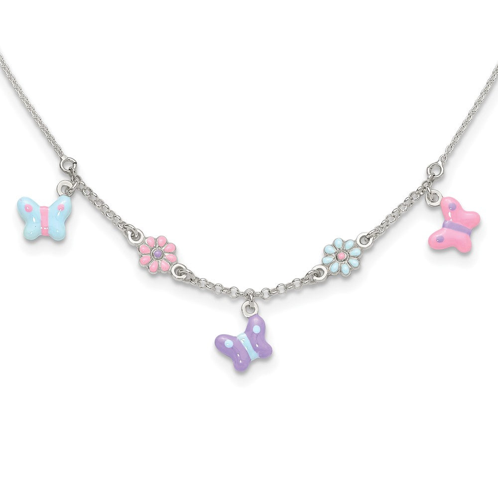 Sterling Silver Polished Enameled Floral & Butterfly Children's Necklace, 14 x 14 mm