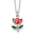 Sterling Silver Polished Red & Green Enameled Flower Children's Necklace, 14 x 11.5 mm