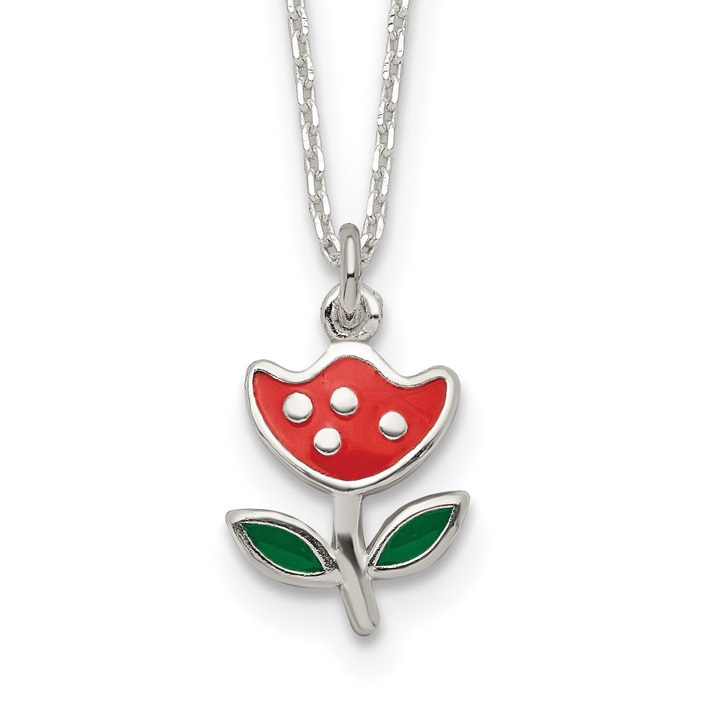 Sterling Silver Polished Red & Green Enameled Flower Children's Necklace, 14 x 11.5 mm