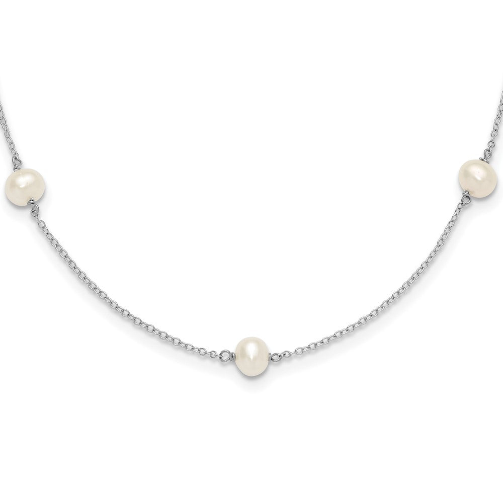 Sterling Silver Rhodium-plated 5-5.5mm White Semi-Round Freshwater Cultured Pearl 5-Station Children's 12 inch Necklace, 12 mm