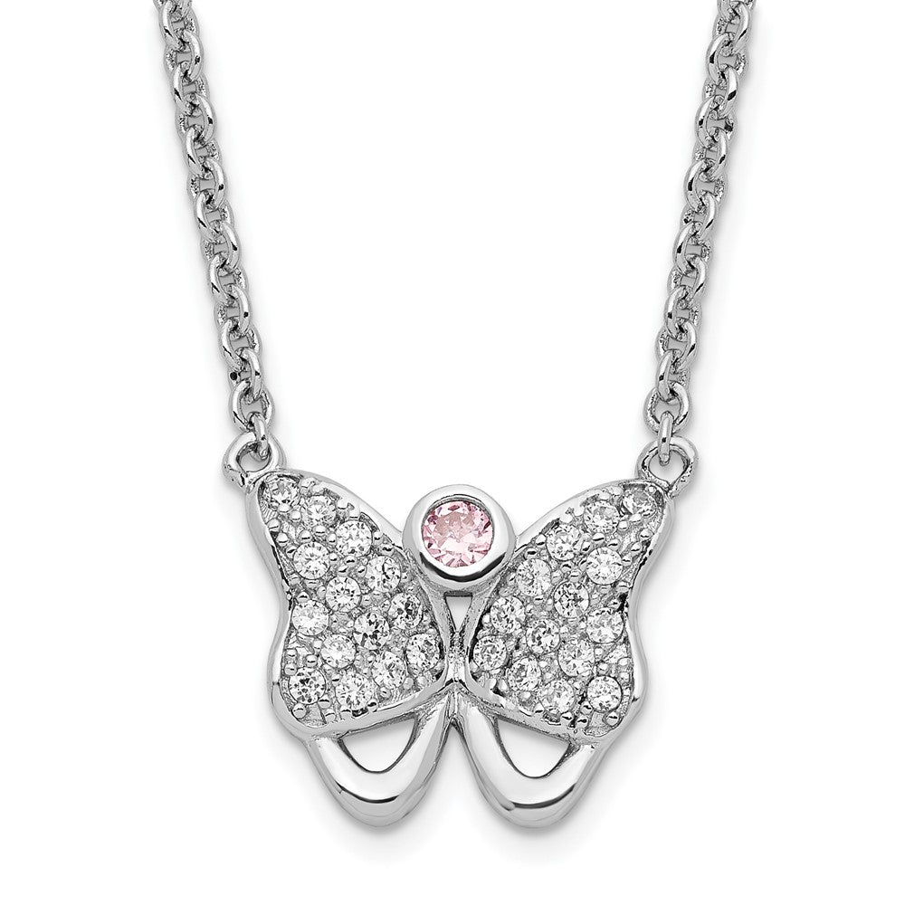 Sterling Silver Rhodium-plated Pink & Clear CZ Butterfly w/ 1.5in ext. Necklace, 18.5 mm