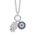 Sterling Silver Rhod-plated CZ Eye and Hamsa Charm Necklace, 17 mm