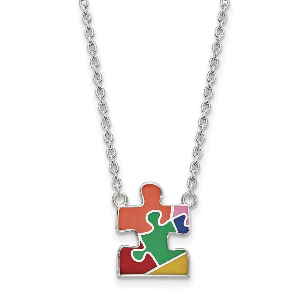 Sterling Silver Rhod-plated Enameled Autism Puzzle Piece Necklace, 18 x 1.95 mm
