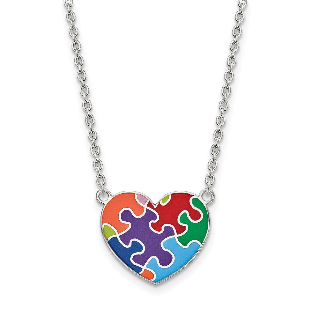 Sterling Silver Rhod-plated Enameled Autism Heart Necklace, 18 x 1.95 mm