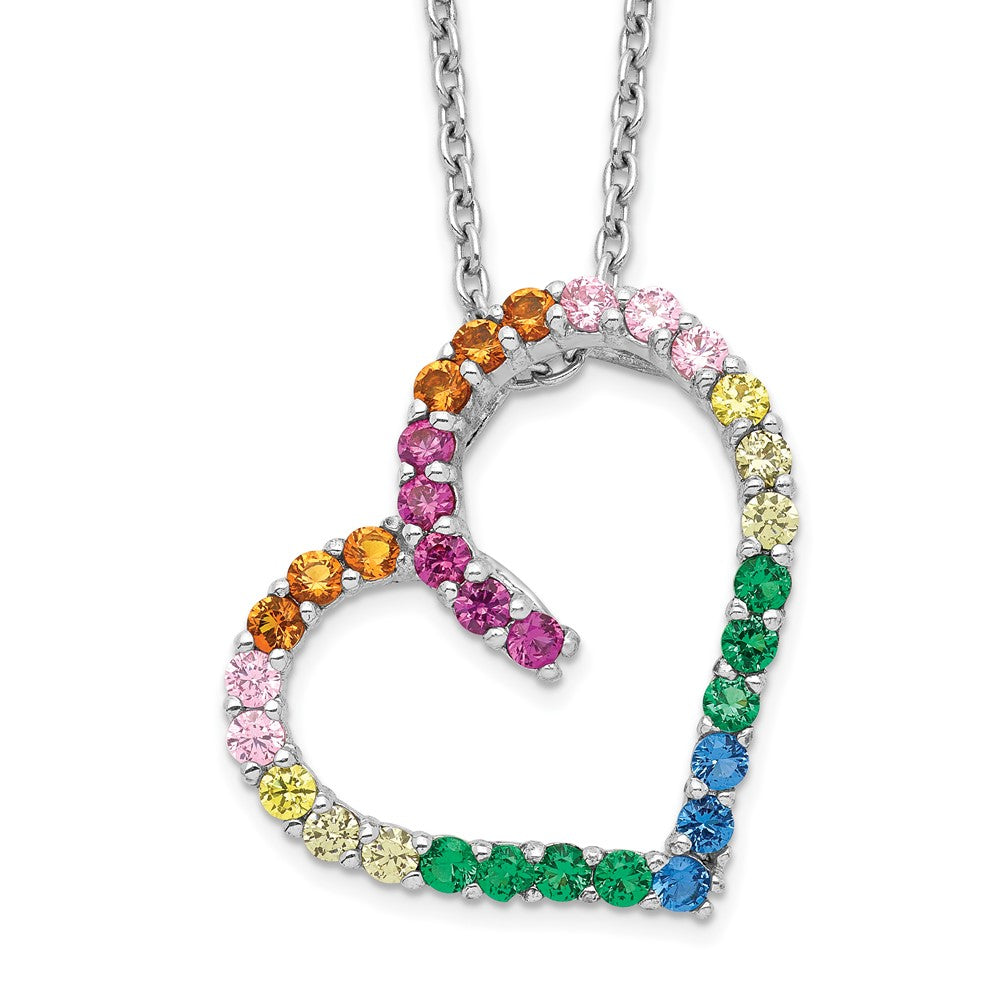 Prizma Sterling Silver Rhodium-plated 18 inch with 1 inch extender Fancy Lobster Clasp Colorful CZ Open Heart Necklace, 18 x 23 mm