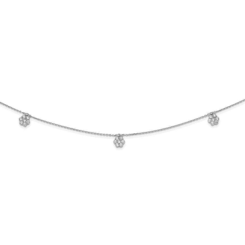 Sterling Shimmer Sterling Silver Rhodium-plated 28 inch 49 Stone 7 Flower Stations CZ Necklace, 28 x 0.8 mm