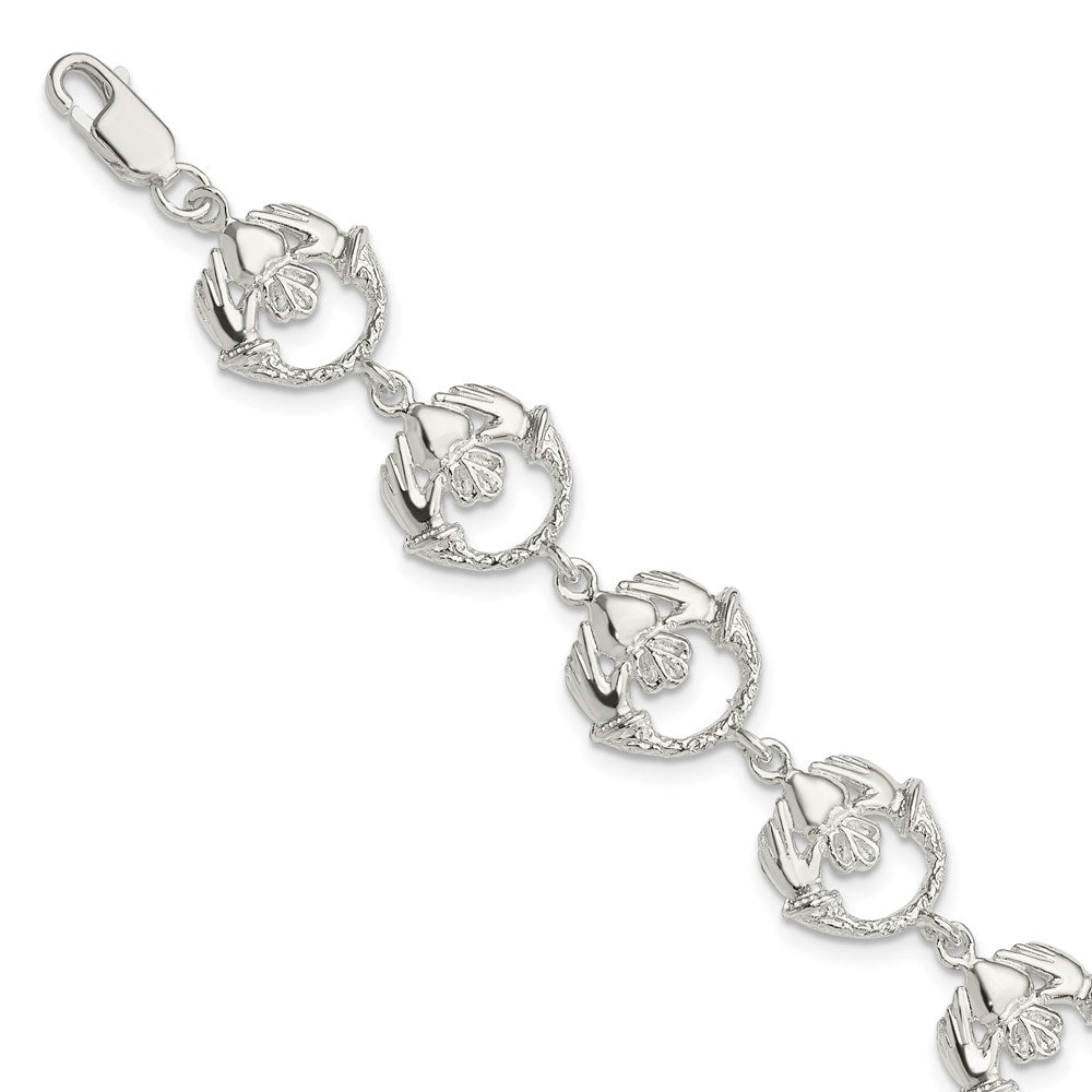 Sterling Silver Polished and Textured Claddagh Link 7 inch Bracelet, 7 x 14 mm