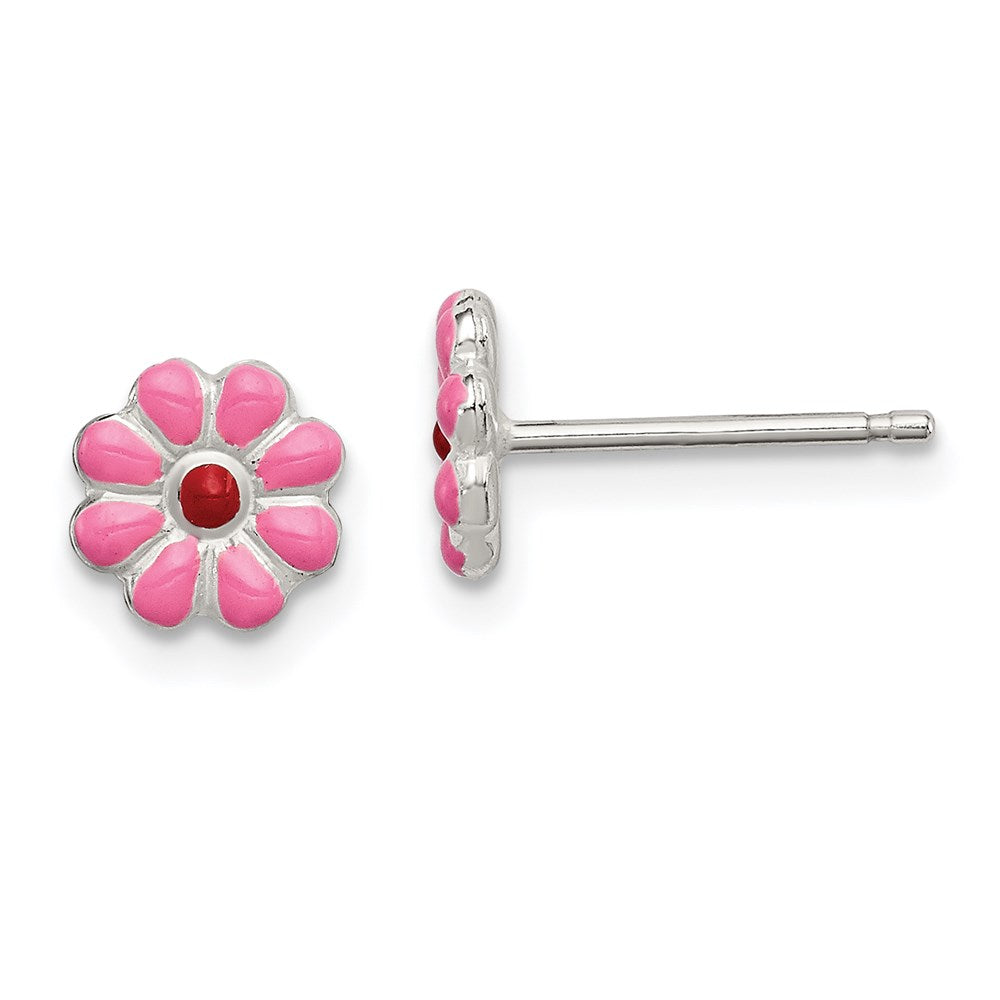 Sterling Silver Madi K Polished Pink & Red Enameled Flower Children's Post Earrings, 7 x 7 mm