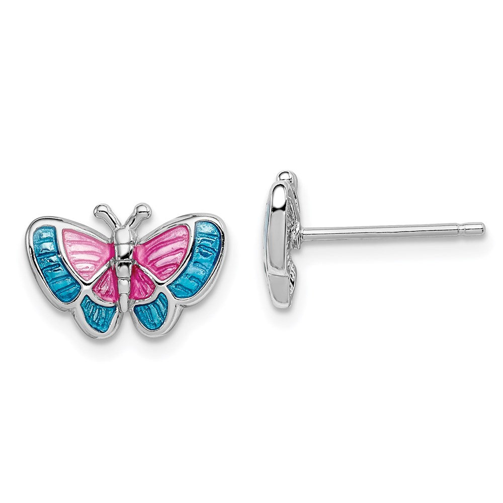 Sterling Silver Rhodium-plated Madi K Polished Pink & Blue Enameled Butterfly Children's Post Earrings, 8 x 12 mm