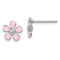Sterling Silver Madi K Rhodium-plated Polished Pink Enamel & Crystal Flower Children's Post Earrings, 9 x 9 mm