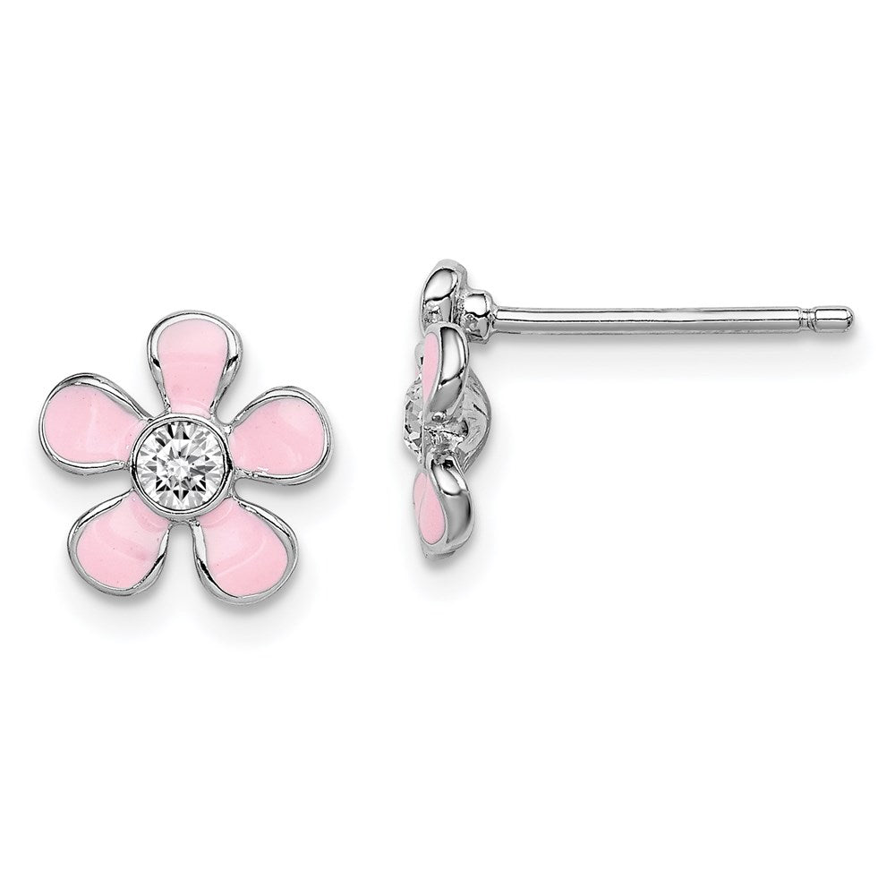 Sterling Silver Madi K Rhodium-plated Polished Pink Enamel & Crystal Flower Children's Post Earrings, 9 x 9 mm