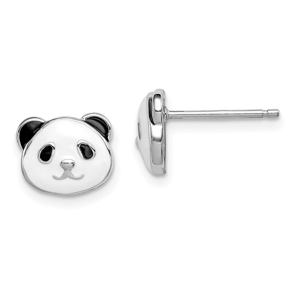 Sterling Silver Madi K Rhodium-plated Polished Black & White Enameled Panda Children's Post Earrings, 9 x 9 mm