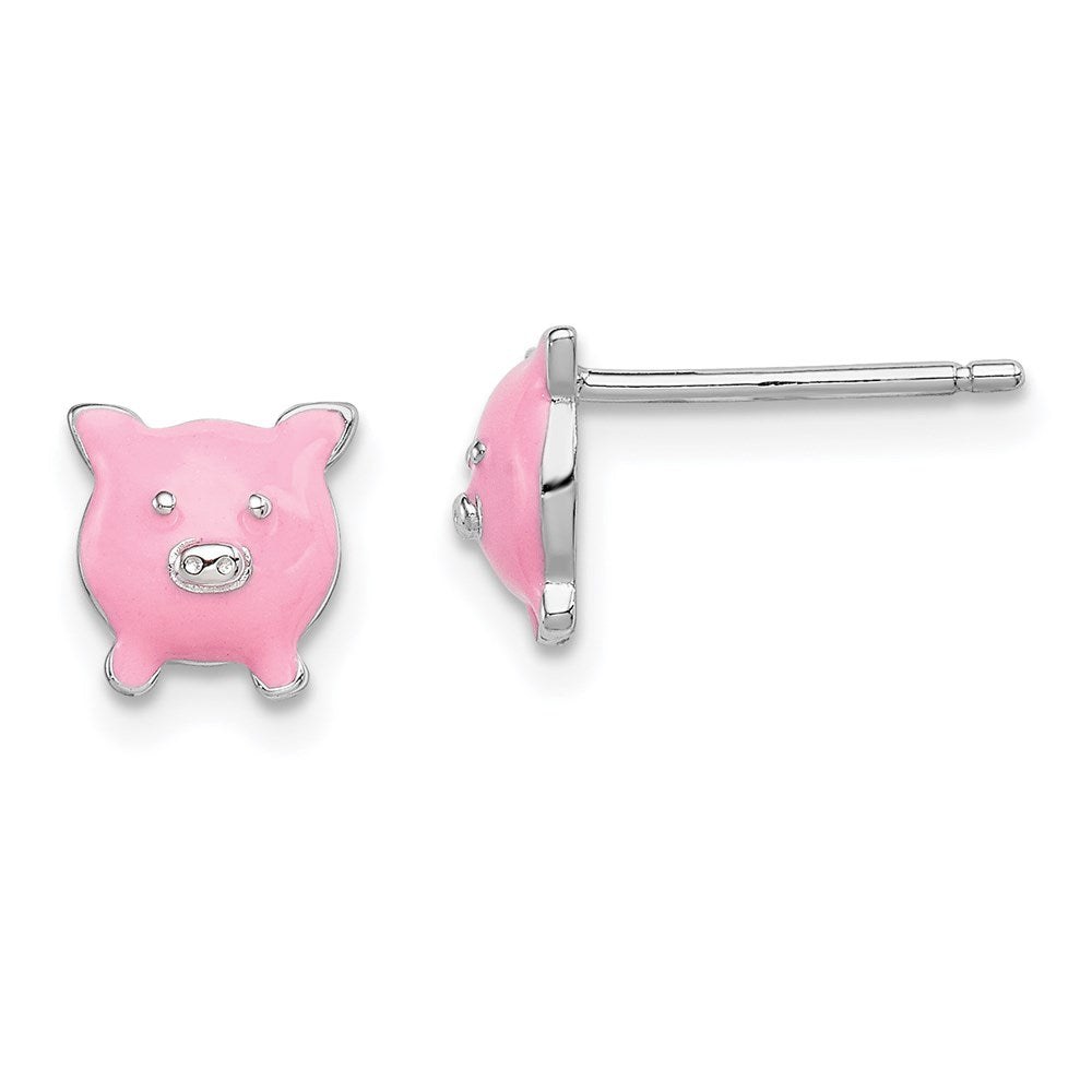 Sterling Silver Madi K Rhodium-plated Polished Pink Enameled Pig Children's Post Earrings, 7 x 7 mm