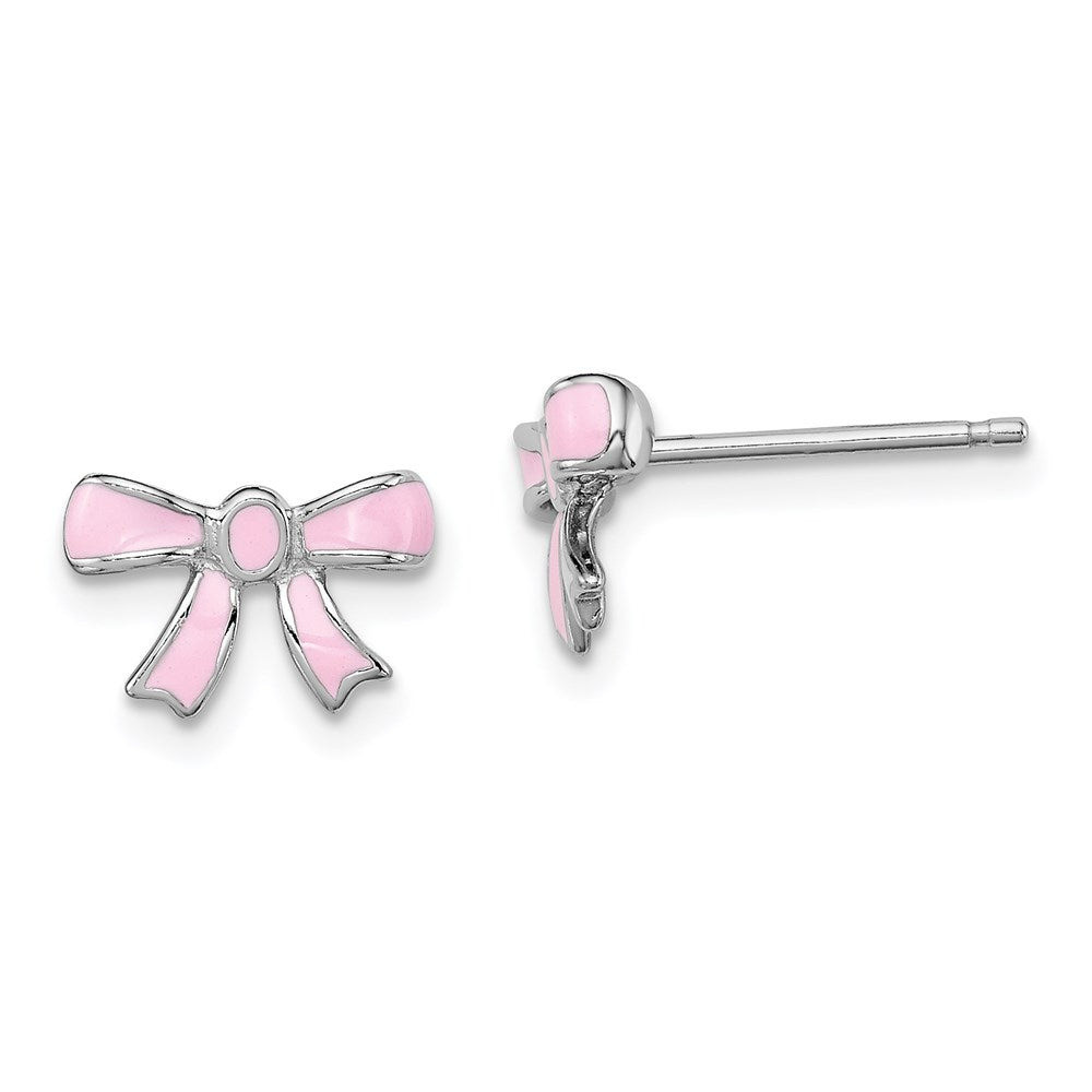 Sterling Silver Madi K Rhodium-plated Pink Enamel Bow Children's Post Earrings, 7 x 11 mm