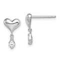 Sterling Silver Madi K Rhodium-plated Polished CZ Heart Children's Post Dangle Earrings, 14 x 7 mm