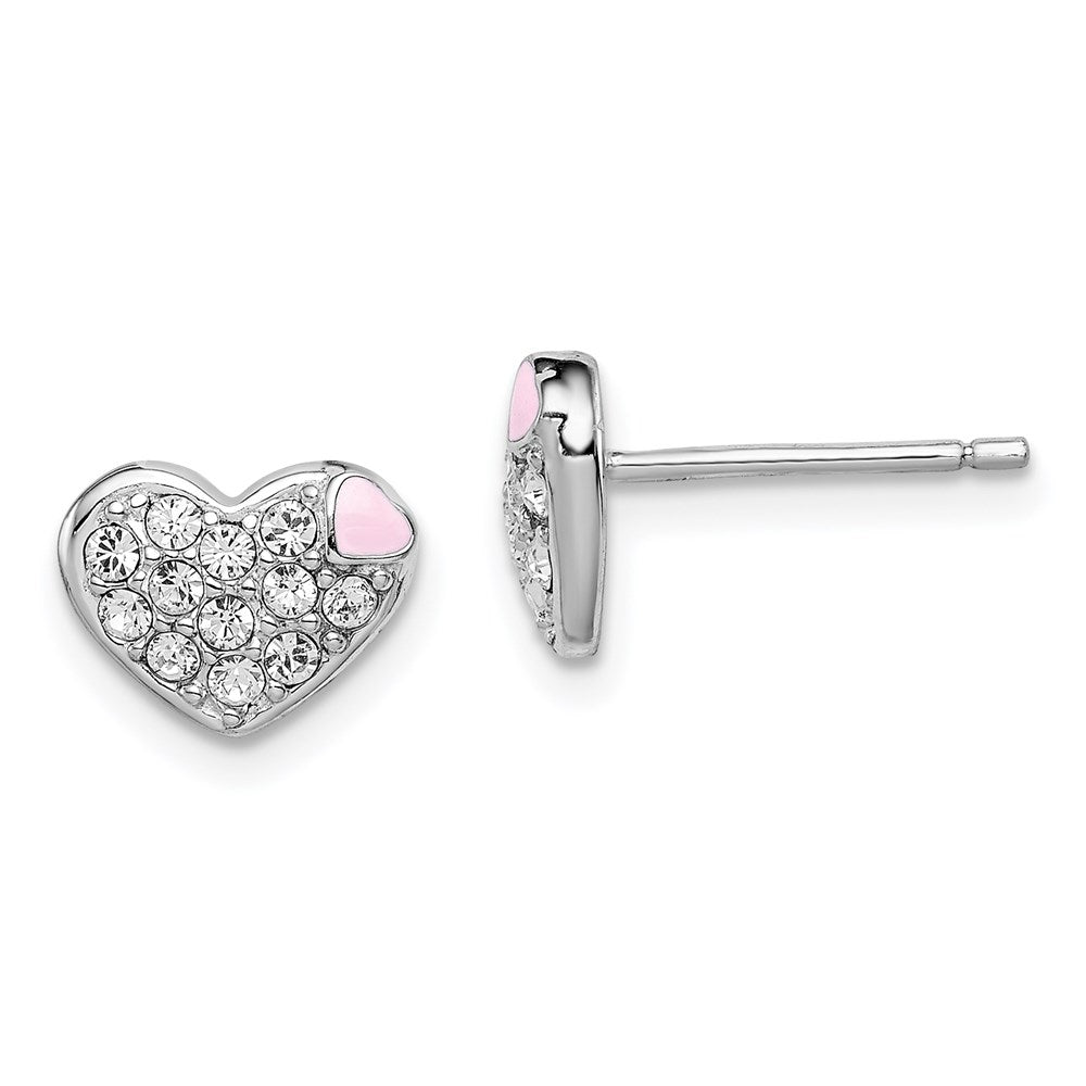 Sterling Silver Madi K Rhodium-plated Pink Enamel & Crystal Heart Children's Post Earrings, 7 x 10 mm